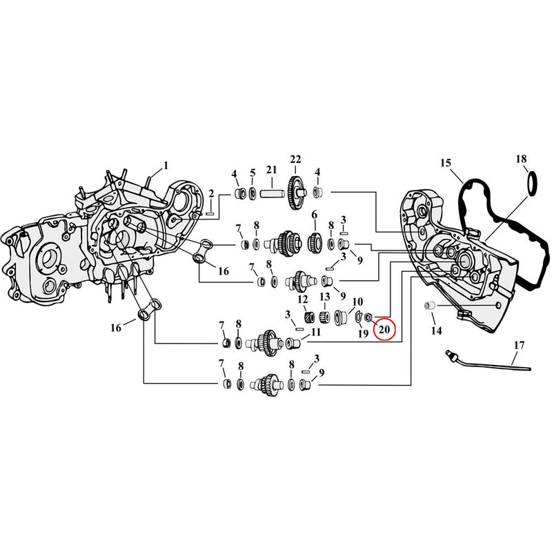 Cam Drive / Cover Parts Diagram Exploded View for 54-90 Harley Sportster 20) 77-90 XL. Nut, pinion gear. Replaces OEM: 7913