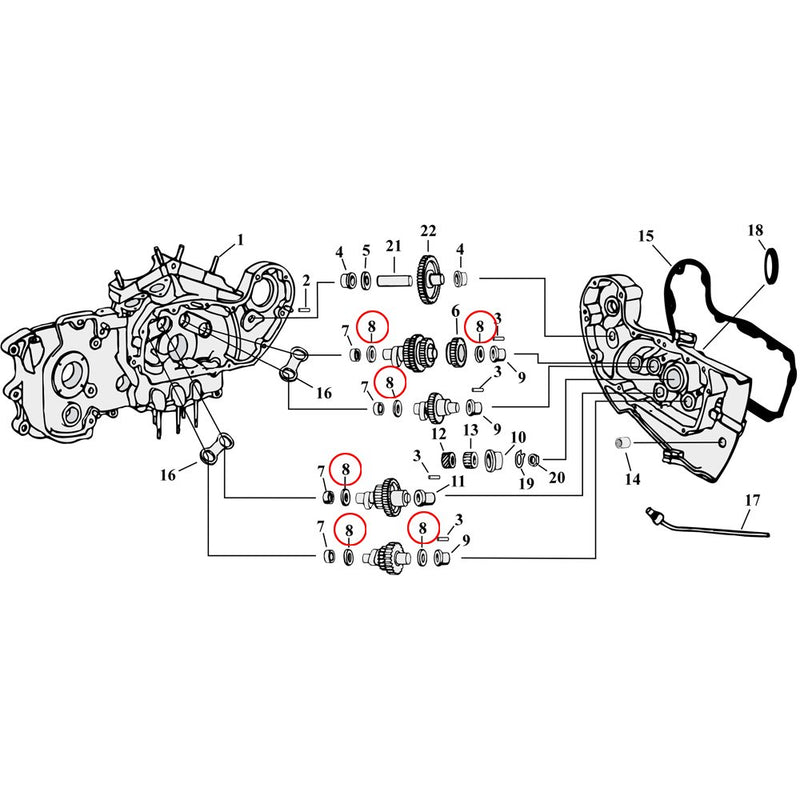 Cam Drive / Cover Parts Diagram räjäytetty näkymä 54-90 Harley Sportsterille