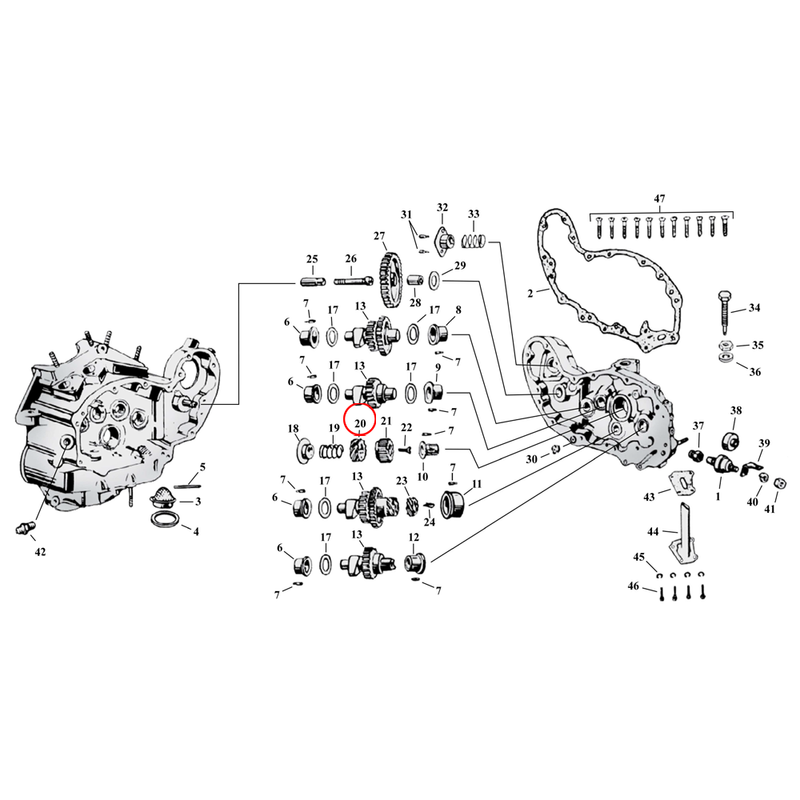 Cam Drive / Cover Parts Diagram Exploded View for Harley 45" Flathead 20) 37-73 45" SV. Drive gear, oil pump. Replaces OEM: 26318-37