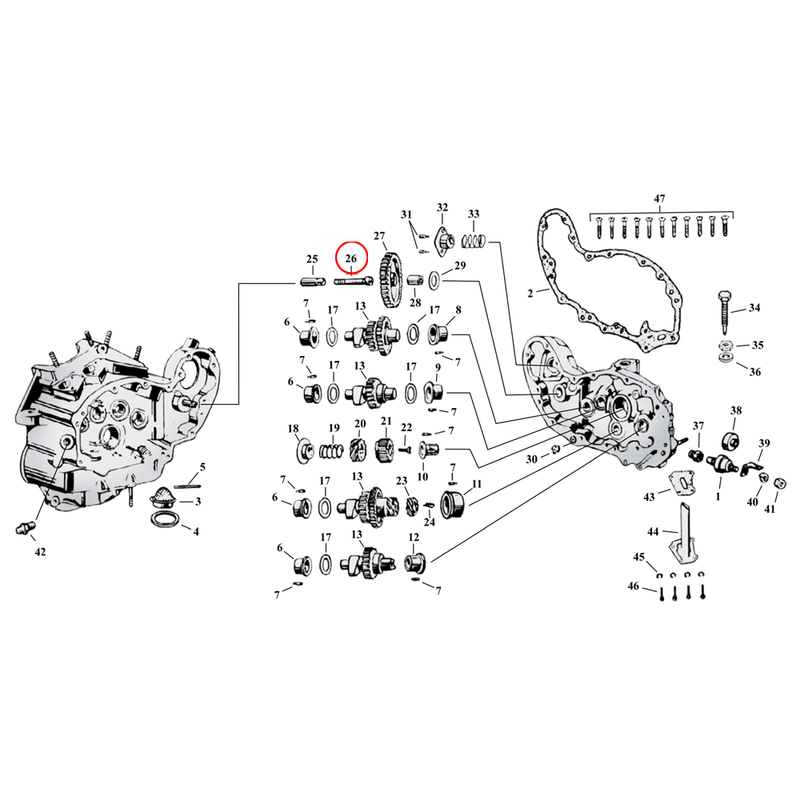 Cam Drive / Cover Parts Diagram Exploded View for Harley 45" Flathead 26) 32-73 45" SV. Screw, idler gear stud. Replaces OEM: 25794-30