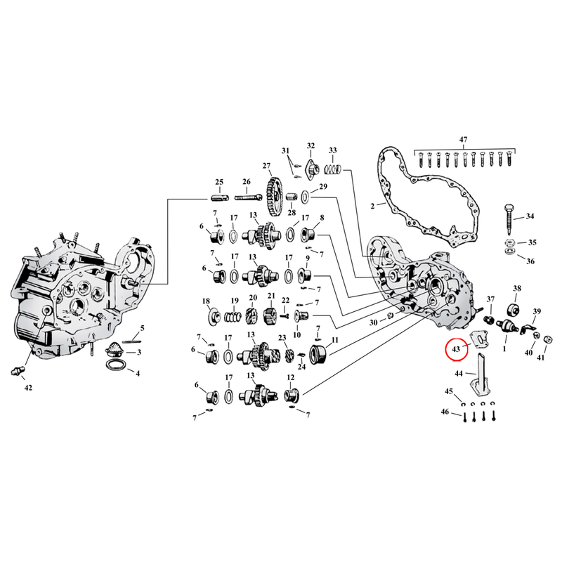 Cam Drive / Cover Parts Diagram Exploded View for Harley 45" Flathead 43) 37-73 45" SV. James gasket, breather pipe. Replaces OEM: 24921-37