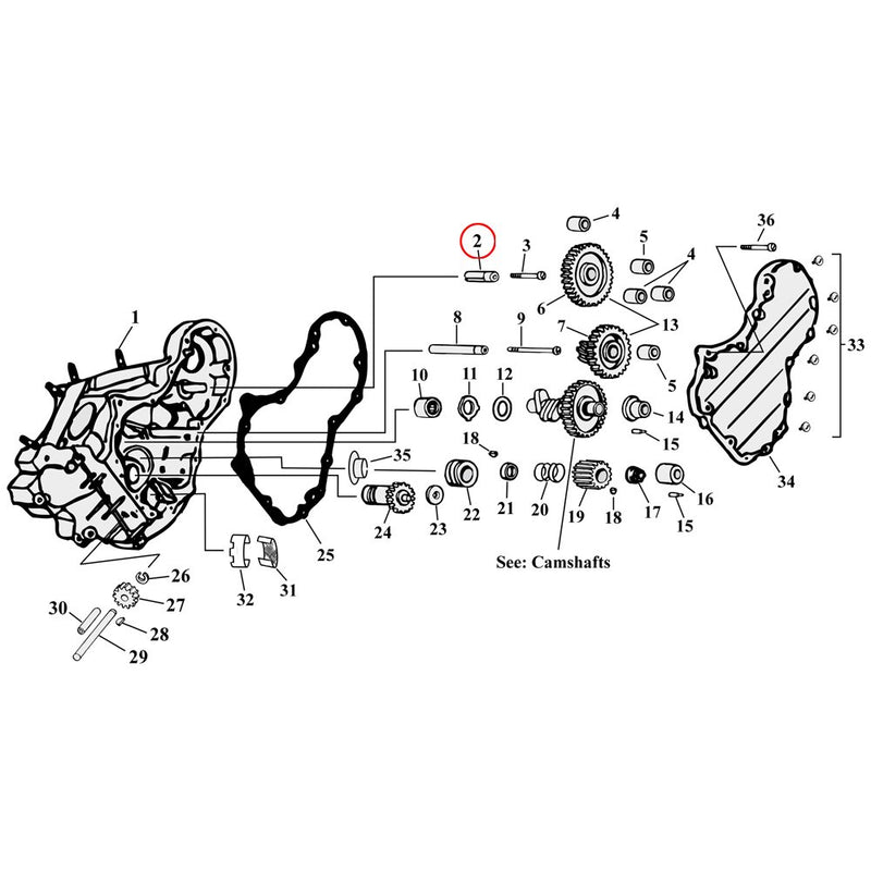 Cam Drive / Cover Parts Diagram Exploded View for Harley Knuckle / Pan / Shovel 2) 36-69 Big Twin. Jims idler gear shaft. Replaces OEM: 25791-36