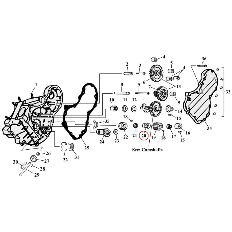 Cam Drive / Cover Parts Diagram Exploded View for Harley Knuckle / Pan / Shovel 20) 36-69 OHV Big Twin. Spring, pinion seal ring. Replaces OEM: 24699-37