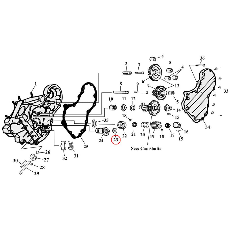 Cam Drive / Cover Parts Diagram Exploded View for Harley Knuckle / Pan / Shovel 23) 50-E79 Big Twin. Breather valve thrust washer ( .110"). Steel. Replaces OEM: 25316-52