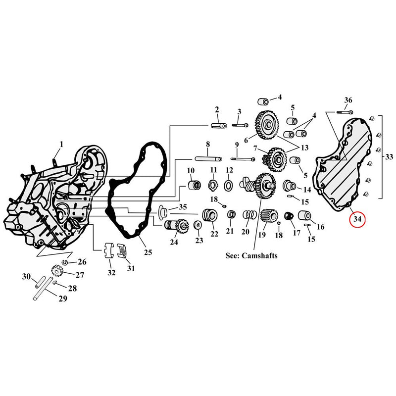 Cam Drive / Cover Parts Diagram Exploded View for Harley Knuckle / Pan / Shovel 34) 40-E48 OHV Big Twin with OEM crankcases. S&S cam cover. Replaces OEM: 25216-36/48