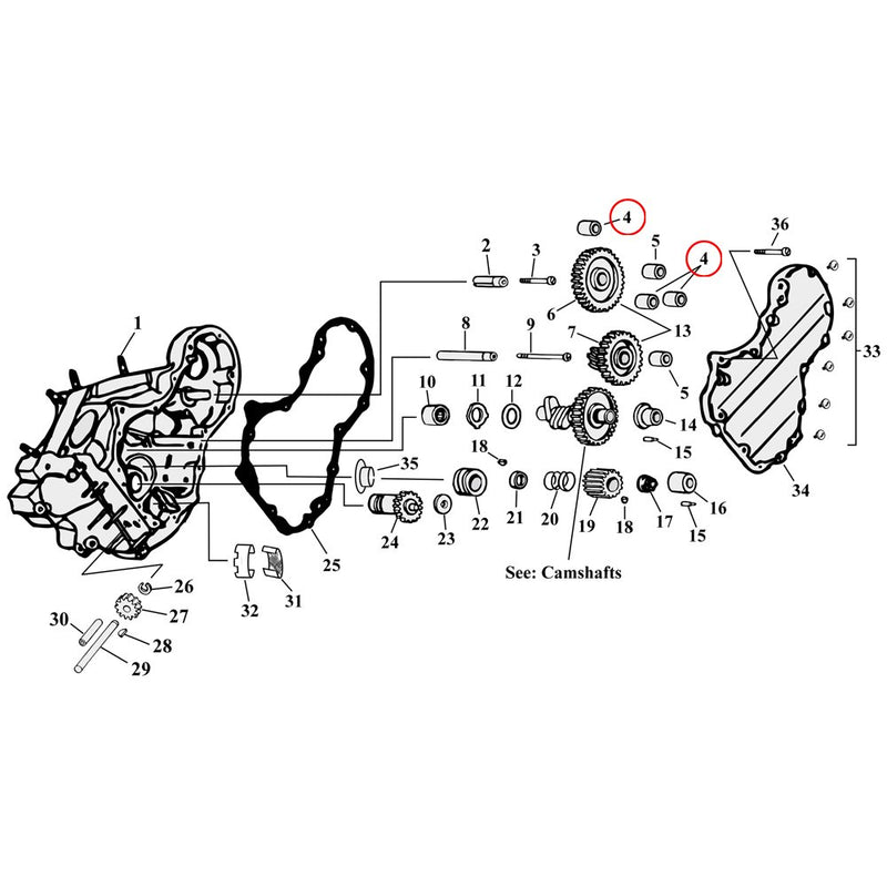 Cam Drive / Cover Parts Diagram Exploded View for Harley Knuckle / Pan / Shovel 4) 32-69 Big Twin & 30-73 Flathead. Bushings, idler gear (set of 2). Replaces OEM: 25785-30A