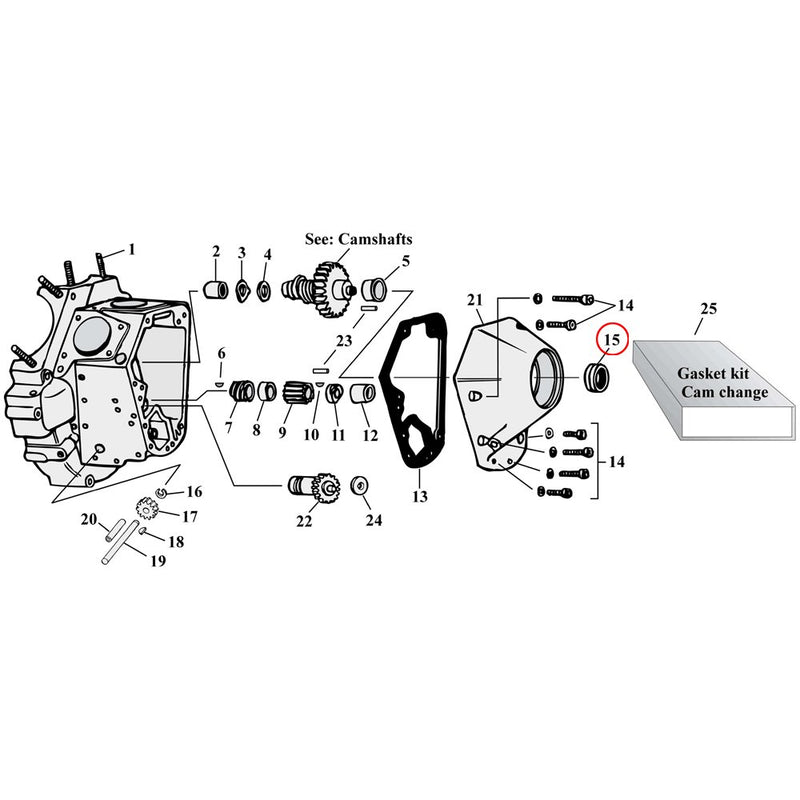 Cam Drive / Cover Parts Diagram Exploded View for Harley Shovelhead & Evolution Big Twin 15) 70-99 Big Twin. James steel single lip camshaft seal. Replaces OEM: 83162-51