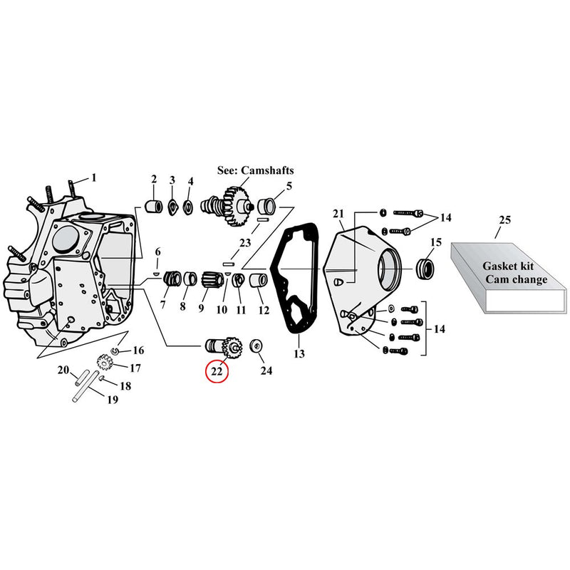 Cam Drive / Cover Parts Diagram Exploded View for Harley Shovelhead & Evolution Big Twin 22) 48-E77 Big Twin. S&S steel breather valves. Standard size. Replaces OEM: 25313-73