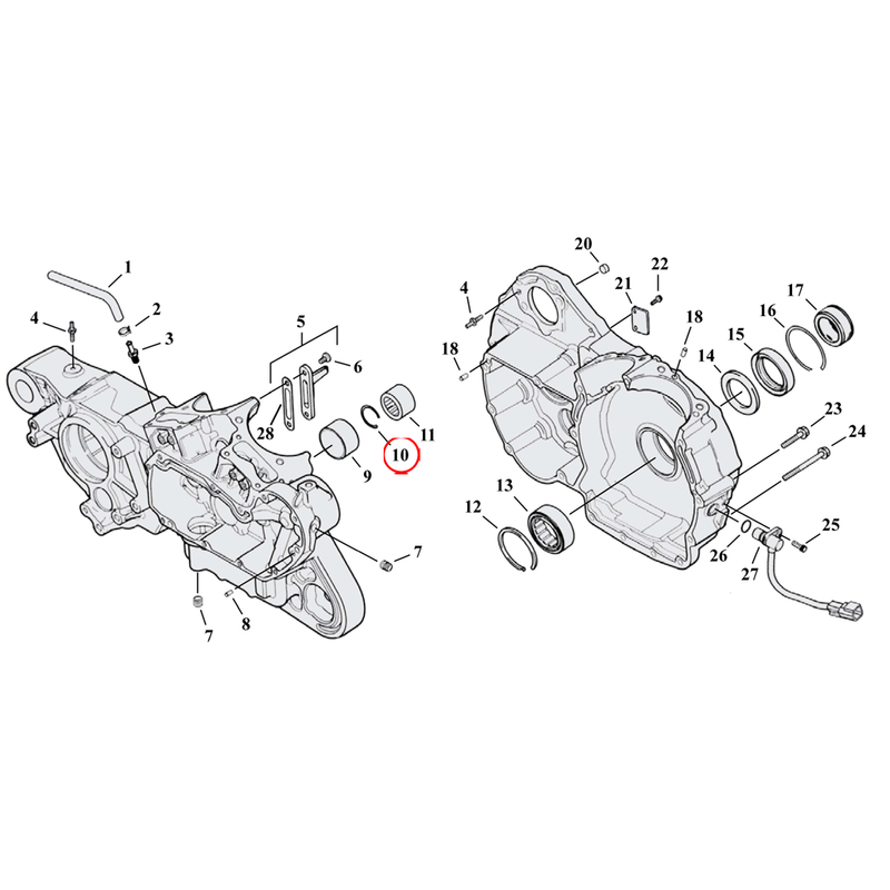 Crankcase Parts Diagram Exploded View for 04-22 Harley Sportster 10) 91-22 XL & XR1200. S&S retaining ring, pinion bearing. Replaces OEM: 11177A