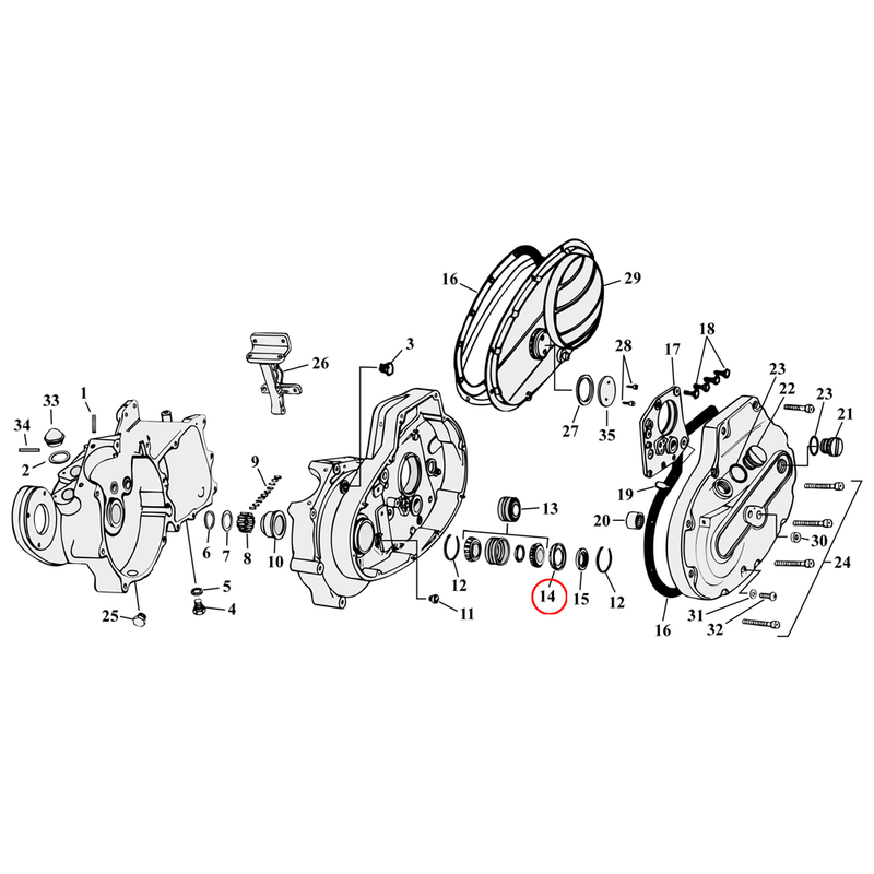 Crankcase Parts Diagram Exploded View for 54-76 Harley Sportster 14) 54-76 K, XL. Spacer, sprocket shaft bearing. Replaces OEM: 24781-54