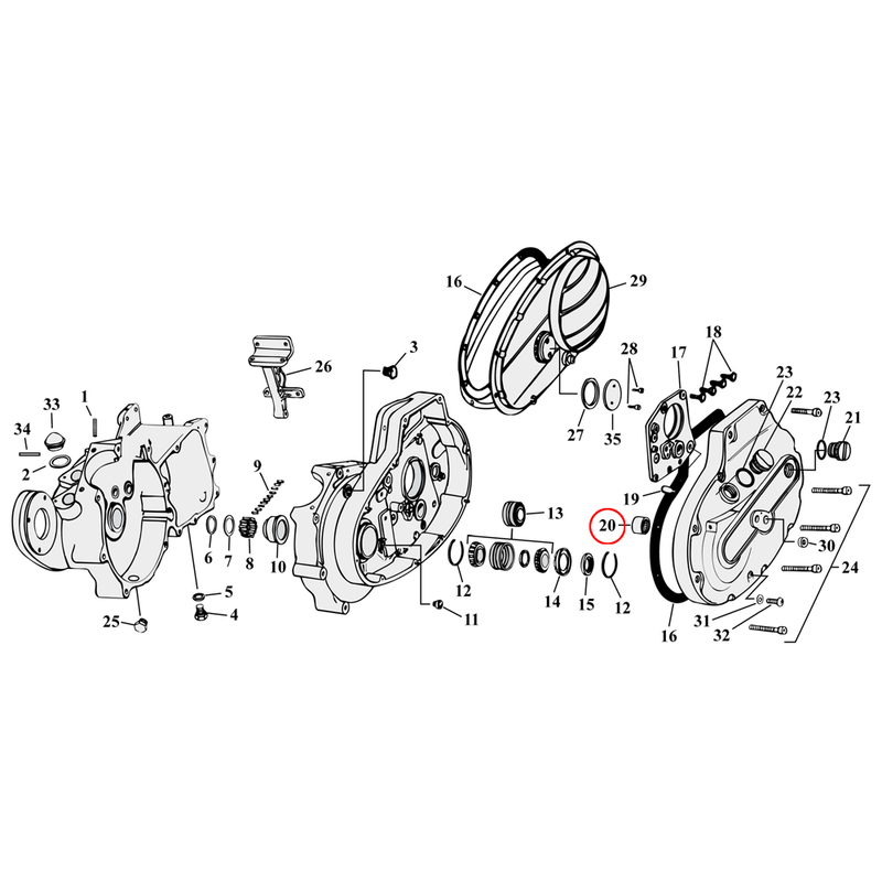 Crankcase Parts Diagram Exploded View for 54-76 Harley Sportster 20) 67-80 XL. Koyo bearing, starter shaft, outer, primary cover. Replaces OEM: 9063