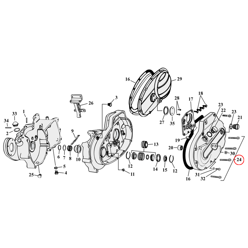 Crankcase Parts Diagram Exploded View for 54-76 Harley Sportster 24) 67-70 XLH & 70 XLCH. Allen primary & cam cover screw kit