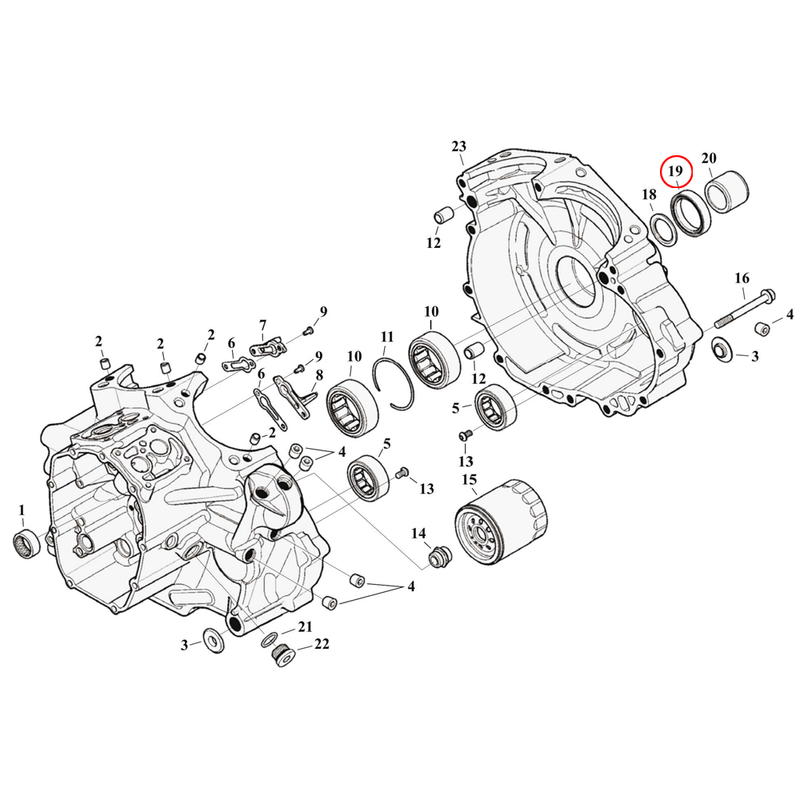 Crankcase Parts Diagram Exploded View for Harley Milwaukee Eight Touring 19) 17-23 M8. James Oil seal, sprocket shaft. Replaces OEM: 11000134