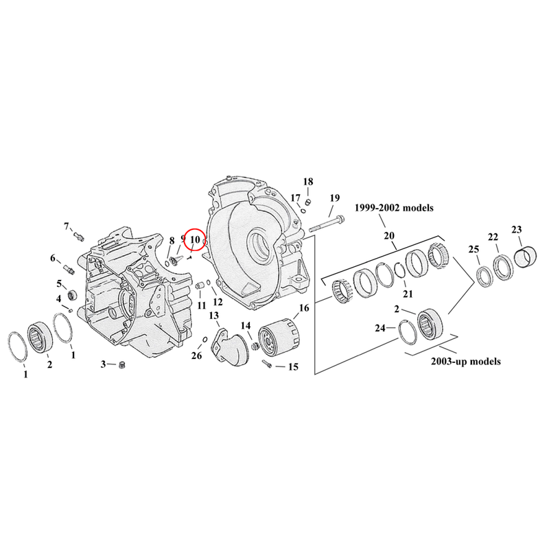 Crankcase Parts Diagram Exploded View for Harley Twin Cam Touring / Dyna 10) 99-17 TCA/B. Bolt, piston cooling jet. Replaces OEM: 68042-99