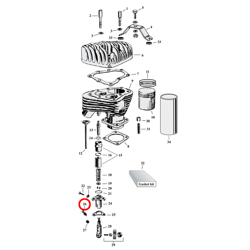 Cylinder Parts Diagram Exploded View for Harley 45" Flathead 26) 15-73 45" SV. Jims adjuster screw, tappet (set of 4). Replaces OEM: 18556-40