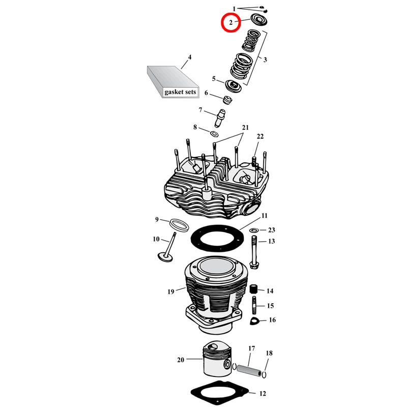 Cylinder Parts Diagram Exploded View for Harley Shovelhead 2) 66-84 Shovelhead. Manley steel valve spring collar, upper (set of 4). Replaces OEM: 18221-36