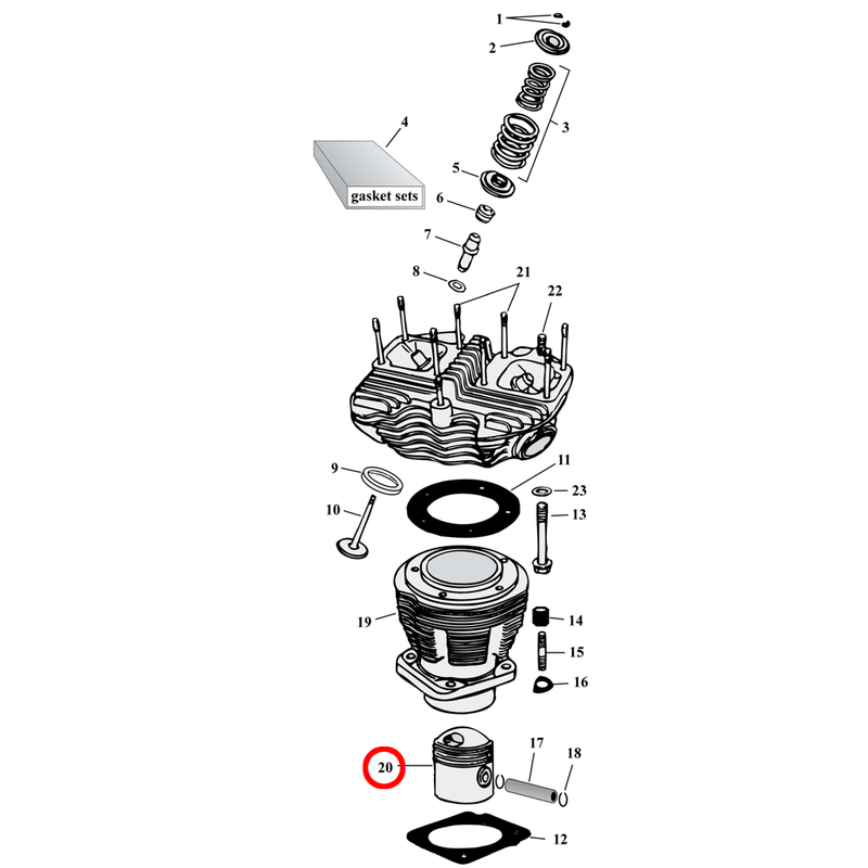 Cylinder Parts Diagram Exploded View for Harley Shovelhead 20) 66-84 Shovelhead. See pistons separately.