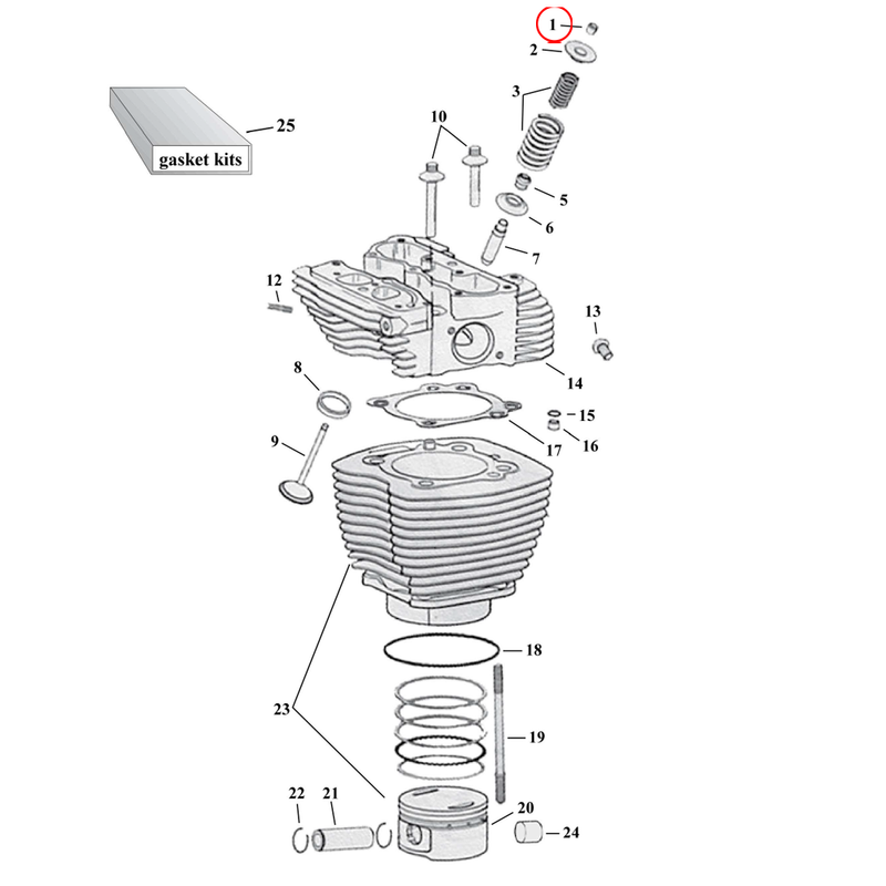 Cylinder Parts Diagram Exploded View for Harley Twin Cam 1) 99-04 TCA/B. Valve keys (set of 8). Replaces OEM: 18229-83