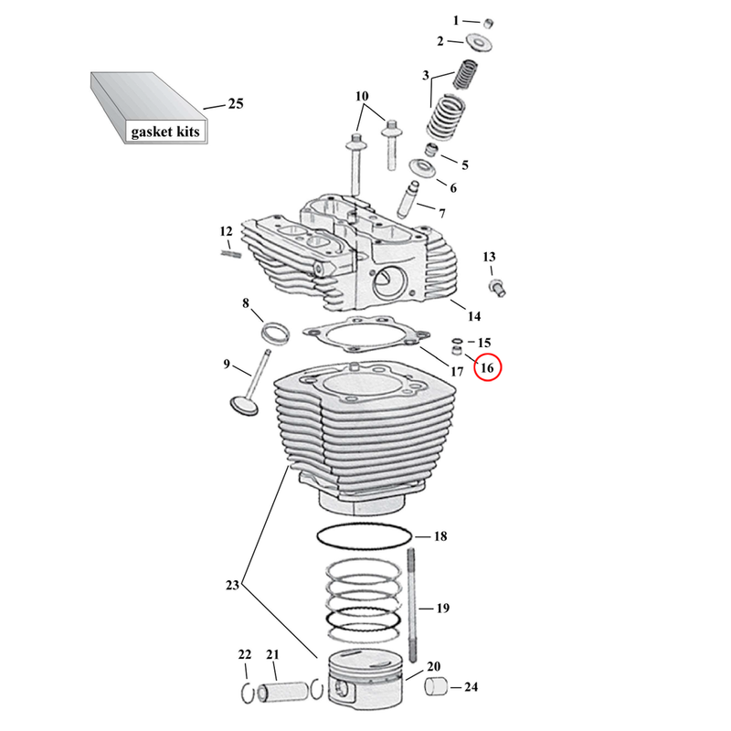 Cylinder Parts Diagram Exploded View for Harley Twin Cam 16) 99-17 TCA/B. S&S dowel pin, cylinder head/base. Replaces OEM: 16595-99A