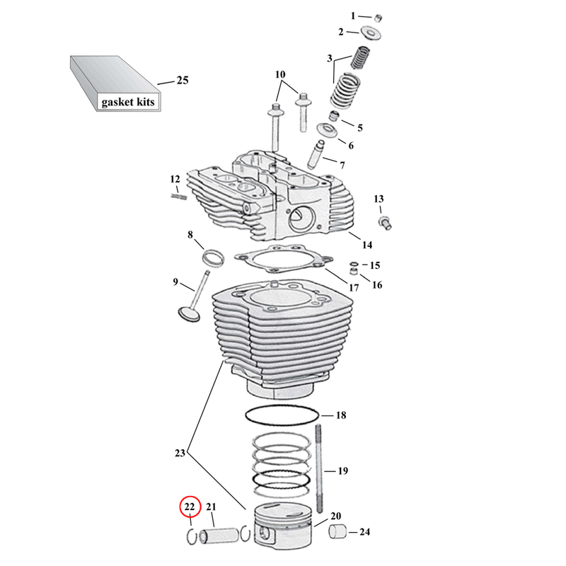 Cylinder Parts Diagram Exploded View for Harley Twin Cam 22) 99-17 TCA/B. Retaining ring wrist pin. Replaces OEM: 22097-99