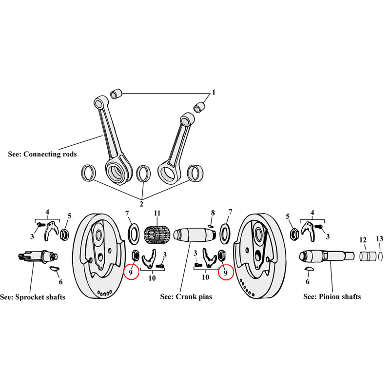 Flywheel Assembly Parts Diagram Exploded View for Harley Sportster 9) L81-85 XL. Nut, Sprocket & Pinion shaft. Replaces OEM: 23902-81