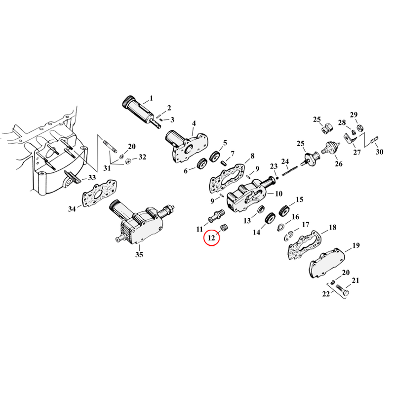 Oil Pump Parts Diagram Exploded View for 54-76 Harley Sportster 12) 58-76 XL. Gardner-Westcott pipe plug, pressure switch fitting & pump body (set of 5). Replaces OEM: 45830-48