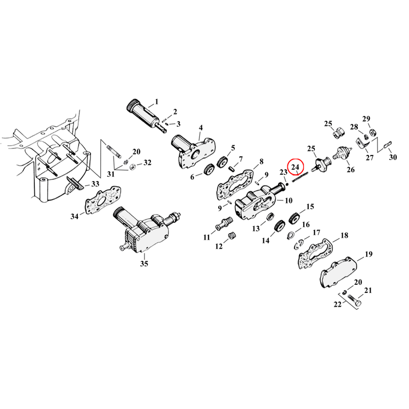 Oil Pump Parts Diagram Exploded View for 54-76 Harley Sportster 24) 57-E72 XL. Spring, check valve. Replaces OEM: 26364-57