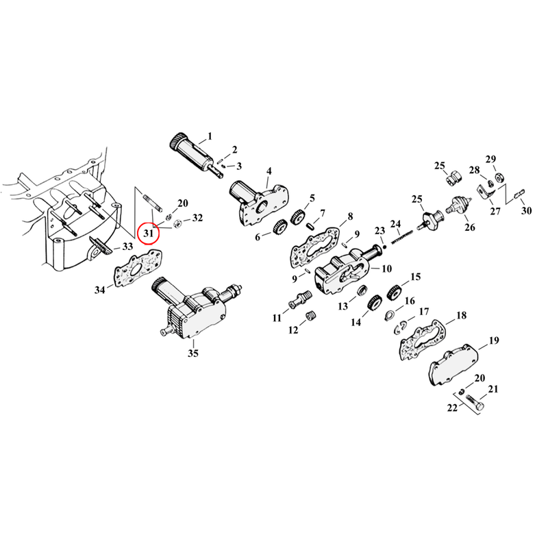 Oil Pump Parts Diagram Exploded View for 54-76 Harley Sportster 31) 54-E71 XL. Colony, oil pump mount kit, incl. studs, washers & nuts. Zinc. OEM style. Replaces OEM: 24819-52