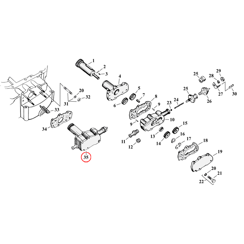 Oil Pump Parts Diagram Exploded View for 54-76 Harley Sportster 35) 67-76 XL; 70-76 XLCH. Oil pump assembly. Replaces OEM: 26204-67A