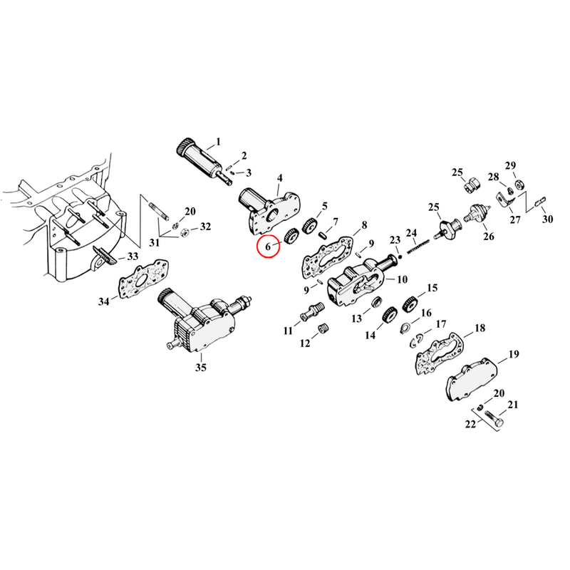 Oil Pump Parts Diagram Exploded View for 54-76 Harley Sportster 6) 54-E62 & 72-76 KH, XL. Driven gear, feed. Replaces OEM: 26323-52A