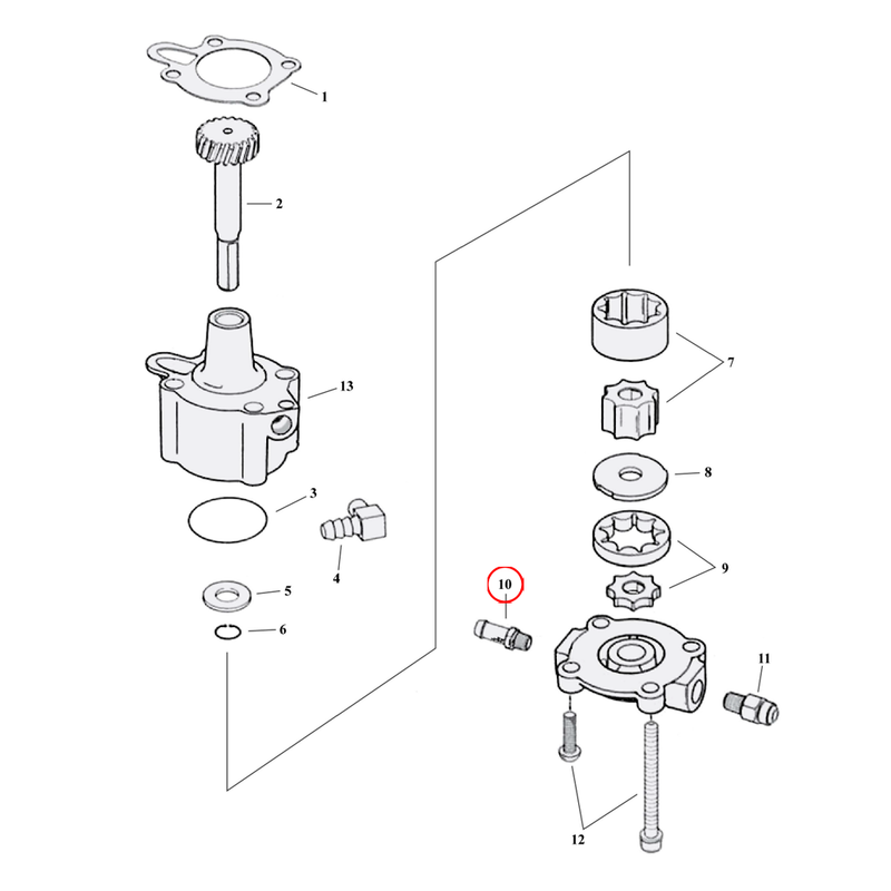 Oil Pump Parts Diagram Exploded View for 91-22 Harley Sportster 10) 91-22 XL. Oil line fitting, front.