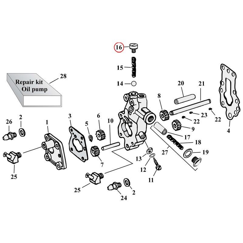 Oil Pump Parts Diagram Exploded View for Harley Knuckle / Pan / Shovel 16) 36-80 OHV Big Twin. Allen Style plug, check valve. Replaces OEM: 26362-36