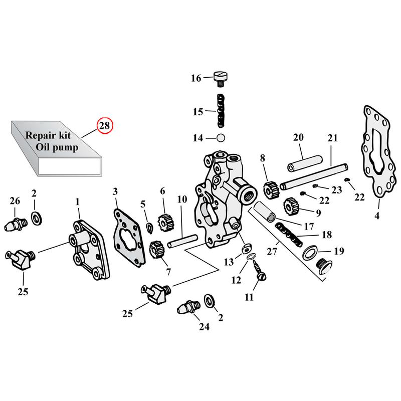 Oil Pump Parts Diagram Exploded View for Harley Knuckle / Pan / Shovel 28) 36-47 E, EL Knuckle. James oil pump gasket & seal kit.