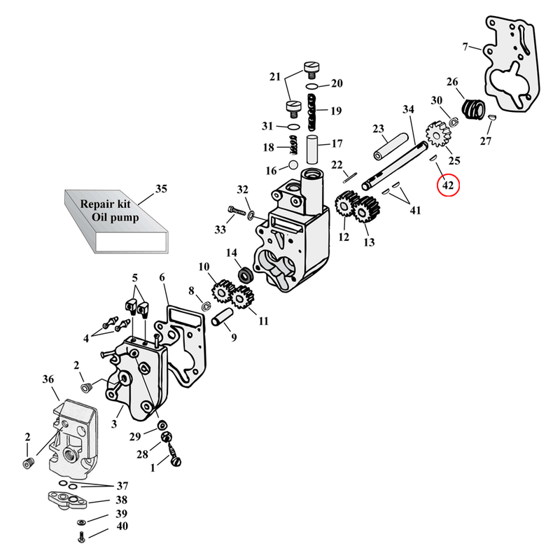 Oil Pump Parts Diagram Exploded View for Harley Shovelhead & Evolution Big Twin 42) L75-89 Big Twin. Woodruff key, drive shaft oil pump to drive gear oil pump. Replaces OEM: 26348-15