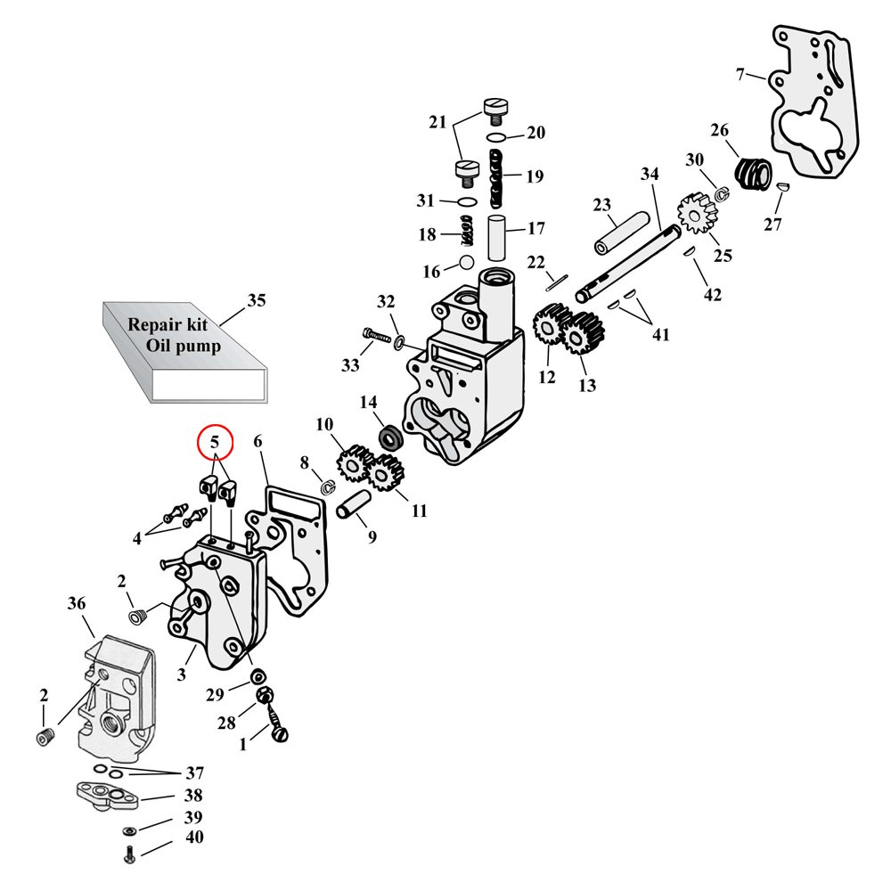 Öljypumpun osien kaavio räjäytetty näkymä Harley Shovelhead & Evolutio