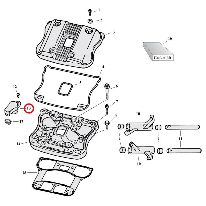 Rocker Box Parts Diagram Exploded View for 04-22 Harley Sportster