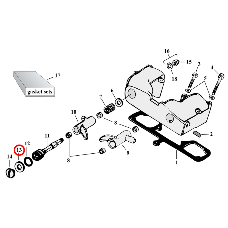 Rocker Box Parts Diagram Exploded View for 57-85 Harley Sportster 13) 73-81 XL, XLS. Washer, rocker shaft. Replaces OEM: 17450-73