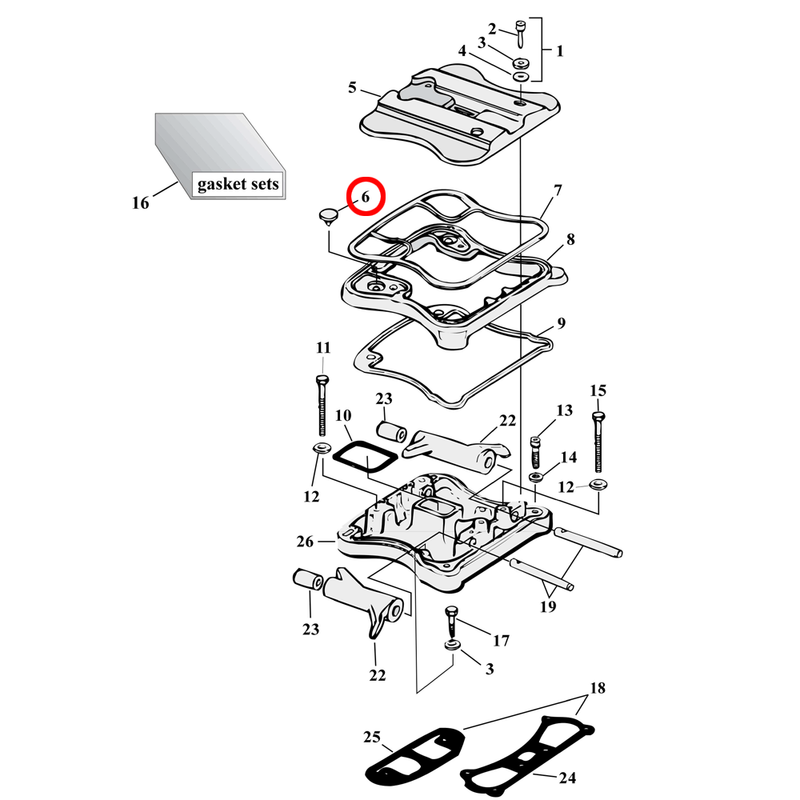 Rocker Box Parts Diagram Exploded View for 86-03 Harley Sportster 6) 91-03 XL. S&S valve, umbrella. Replaces OEM: 26856-89