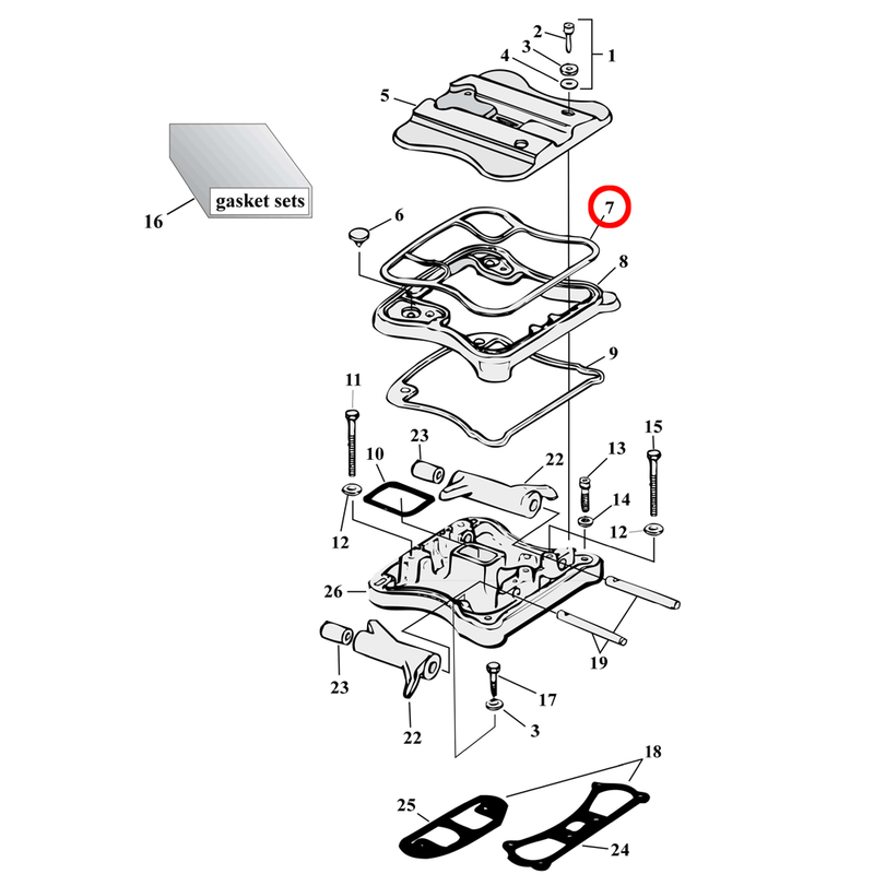 Rocker Box Parts Diagram Exploded View for 86-03 Harley Sportster 7) 86-90 XL. James rocker cover gasket, upper (rubber). Replaces OEM: 17354-86A