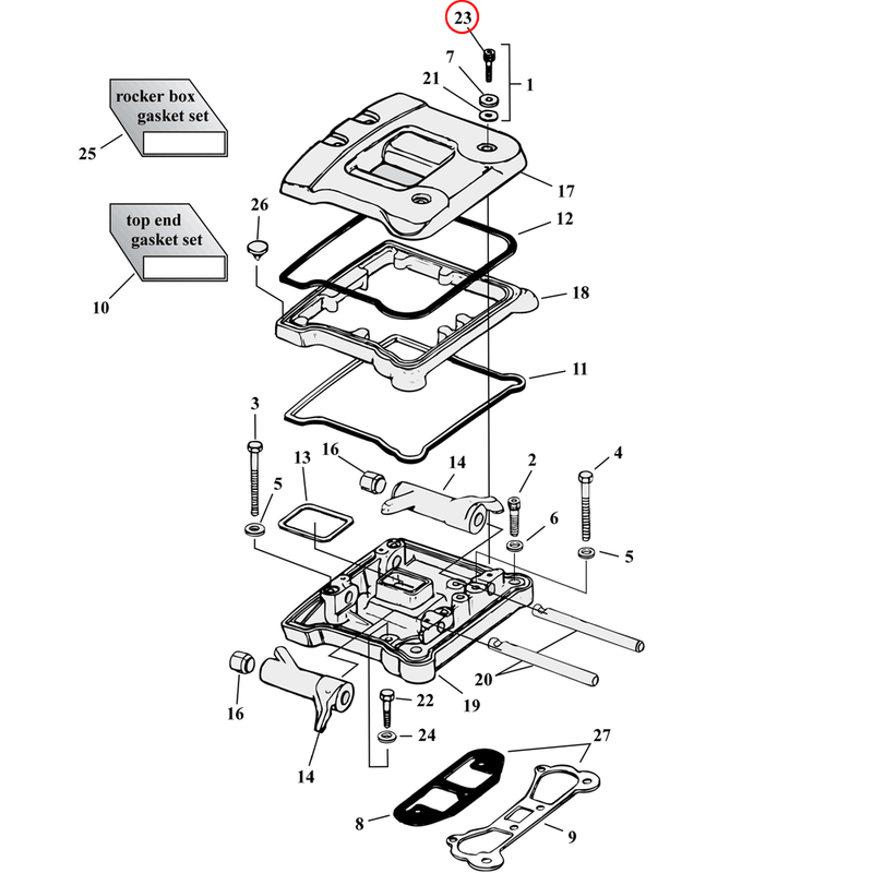 Rocker Box Parts Diagram Exploded View for Harley Evolution Big Twin 23) 91-99 Big Twin. Allen bolt, 1/4-20 x 7/8" (set of 5). Replaces OEM: 884A