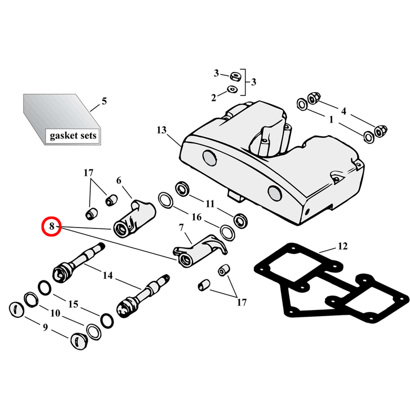 Rocker Box Parts Diagram Exploded View for Harley Shovelhead 8) 66-84 Shovelhead. Jims roller rocker arm kit (set of 4)